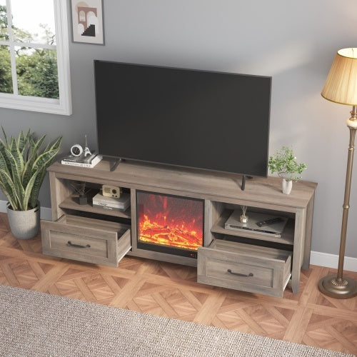 70.08 Inch Length TV Stand For Living Room And Bedroom, With 2 Drawers And 4 High-Capacity Storage Compartment, Grey Walnut Uitable For Fireplace