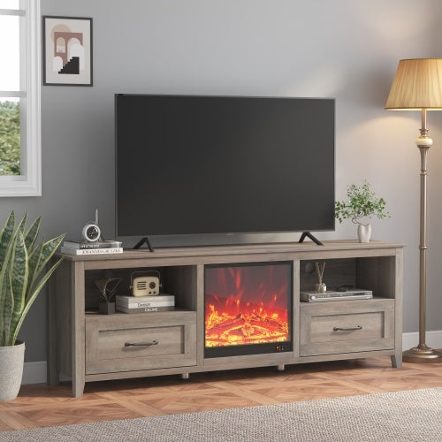 70.08 Inch Length TV Stand For Living Room And Bedroom, With 2 Drawers And 4 High-Capacity Storage Compartment, Grey Walnut Uitable For Fireplace