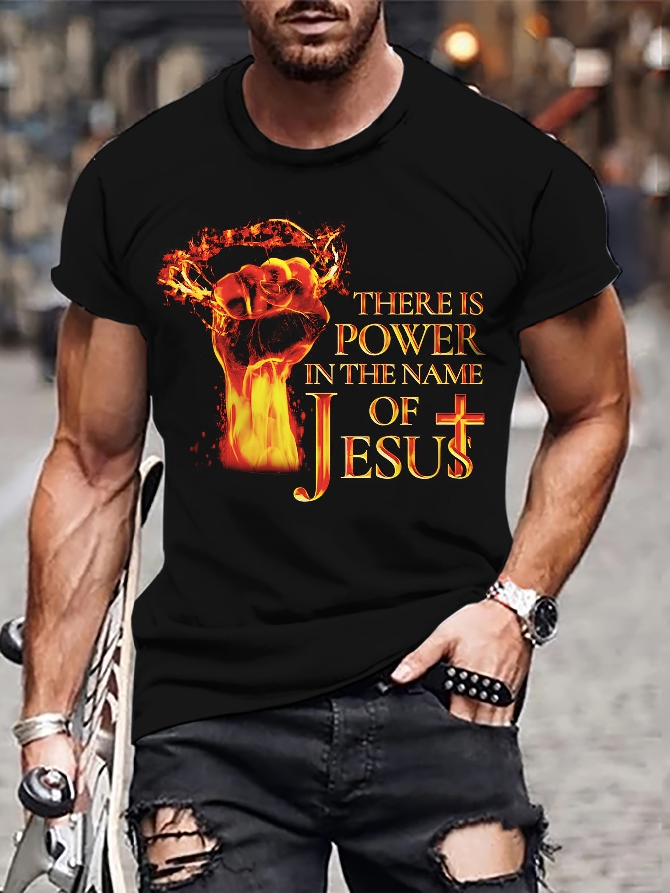 Men's Fist Print T-shirt, Casual Short Sleeved Round Neck T-shirt, Outdoor Men's Clothing