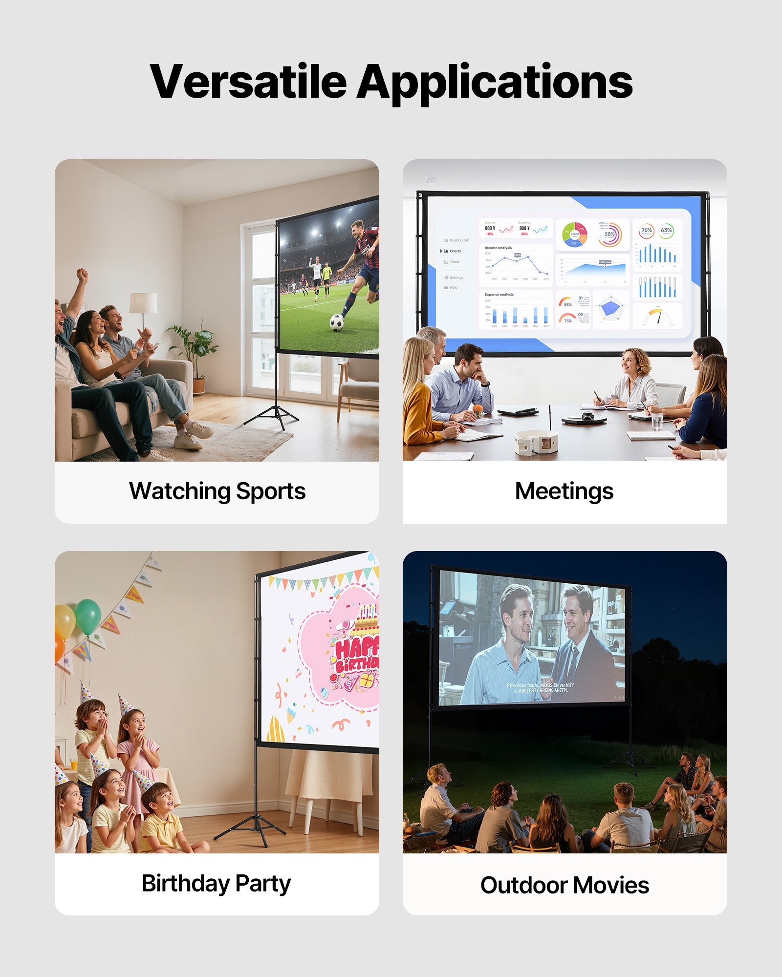 Tripod Projector Screen With 2 Stands 100 Inch 160° Wide Angle 4K HD 16:9