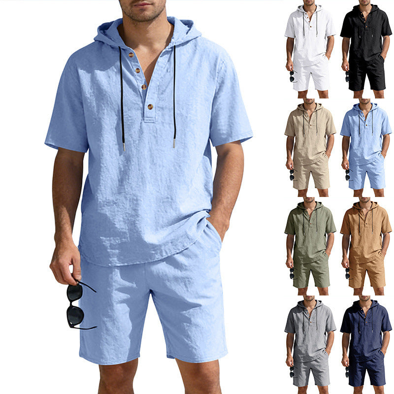 Mens Loose, Breathable Linen Hooded Casual Set