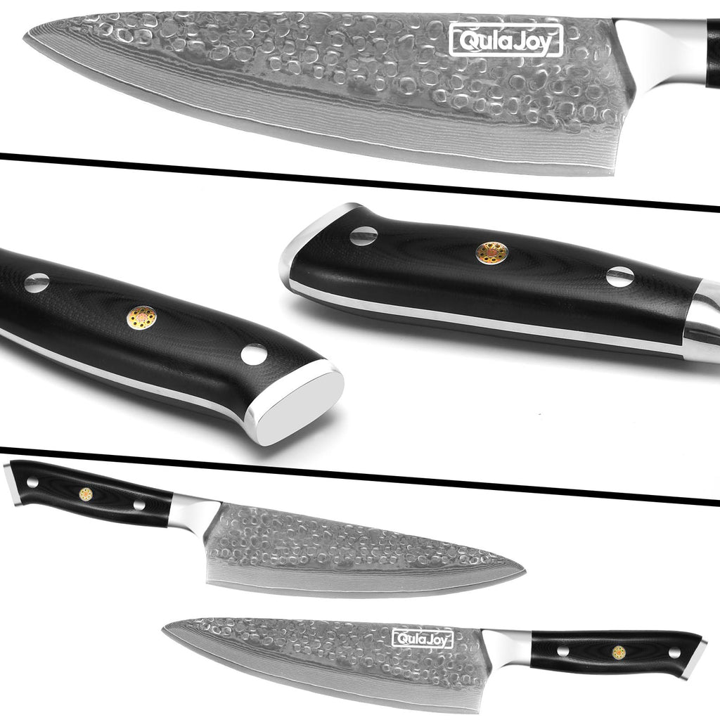 Qulajoy Chef Knife 8 Inch,Professional Japanese VG-10 Damascus 67 Layer Blade,Ultra Sharp Hammered Master Chefs Knife,Ergonomic G10 Handle,Triple Rivet And Full Tang
