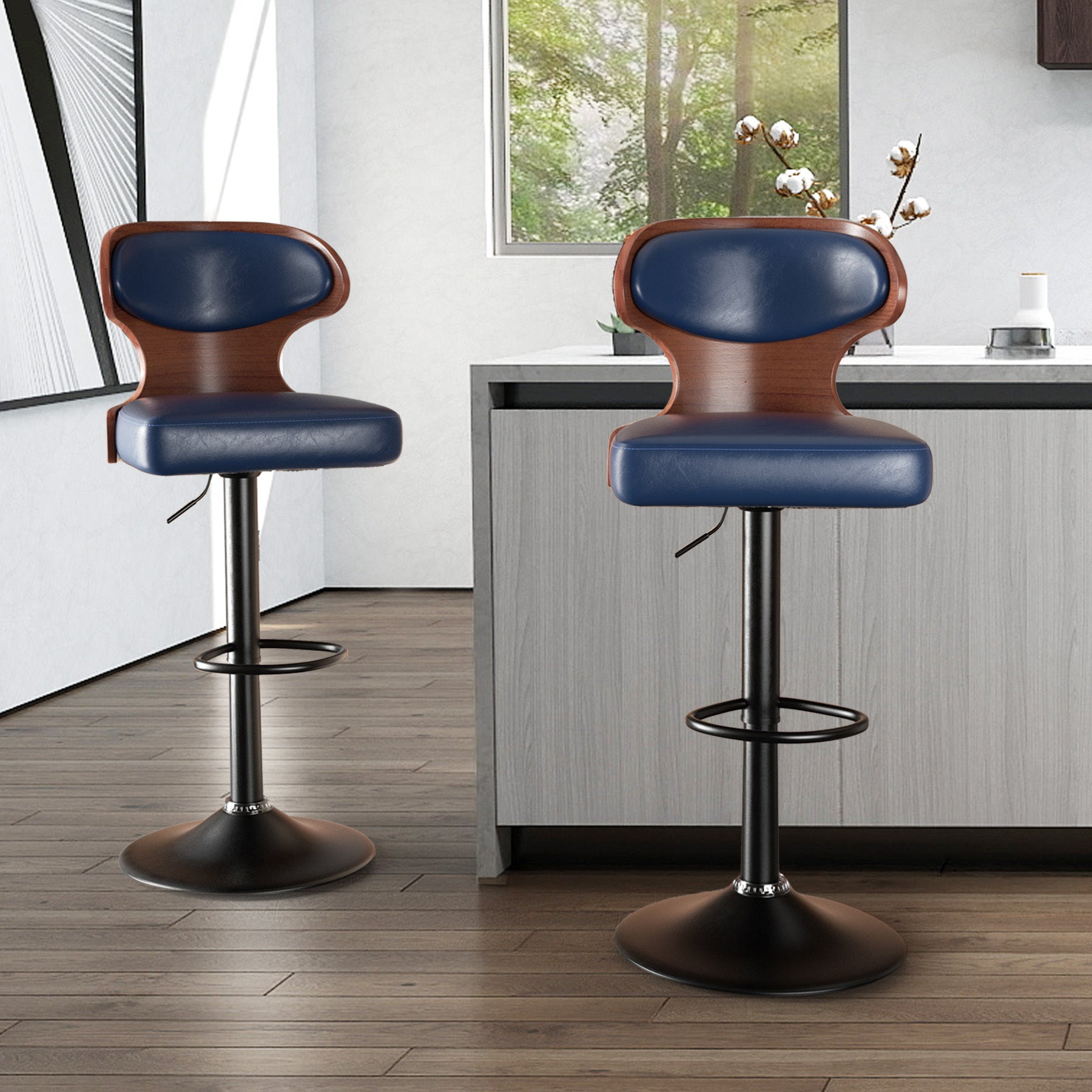 PU Leather Bar Stools Set of 2, 360° Swivel with L-Shaped Backrest – Mid-Century Counter Height Stool, 265lbs Capacity, X-Brace Support & Retro Design for Kitchen, Home Bar