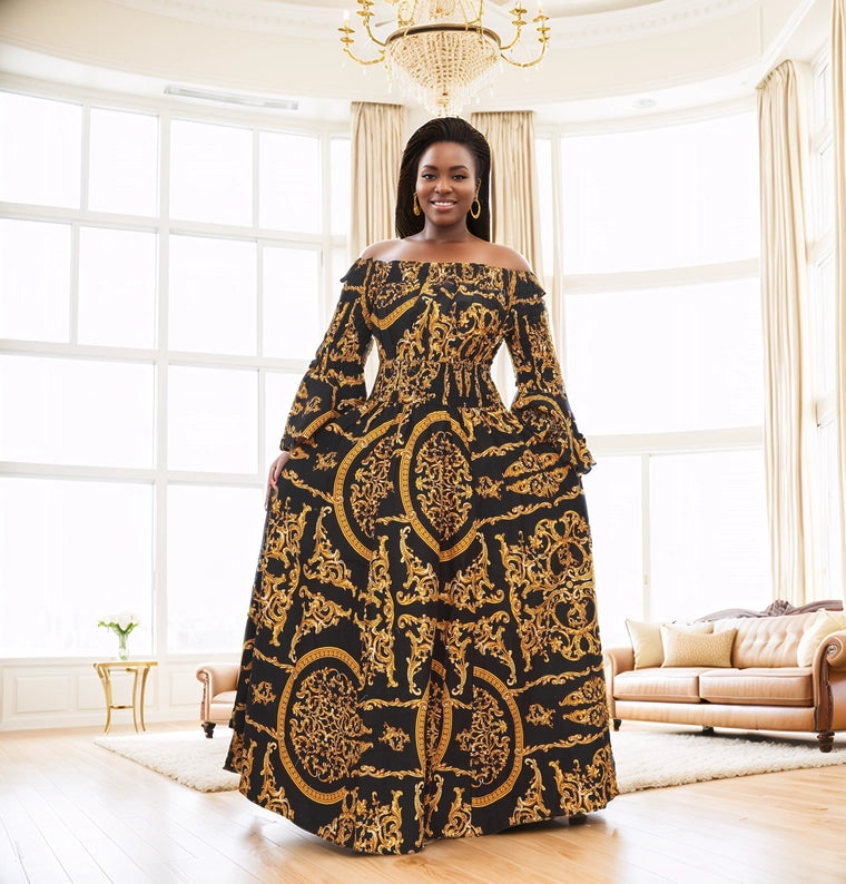 Women's Off Shoulder African Print Black Dress