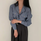 Early Autumn Retro Elegant Suit Collar Double Pocket Metal Breasted Loose Long Sleeve Shirt
