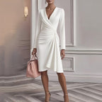 V Neck Folds  Solid Color Slim-fit Long Sleeve V-pleated Design Dress  Women's Office Commuter A-line Midi Party Dresses Female Clothing