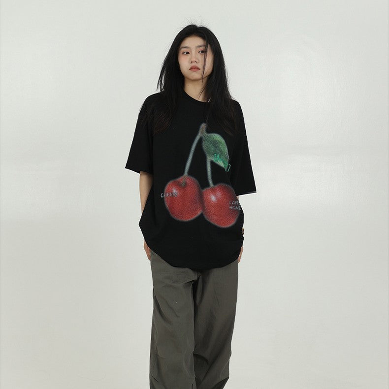 Women's Simple Cherry Print Short-sleeved T-shirt