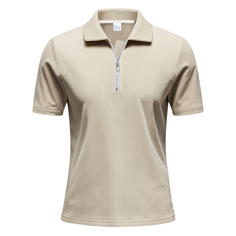 Mens Loose Corduroy Half-Zip Polo Short-Sleeve T-Shirt