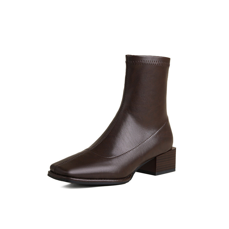 Leather Skinny Square Toe Mid-heel Autumn And Winter Knee-high Martin Boots