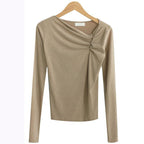 Diagonal Collar Long Sleeved Fitted T-shirt Base Solid Color Top