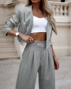 Fashion Striped Suits Casual Lapel Long Sleeve Cropped Top And Straight Pants Outfits