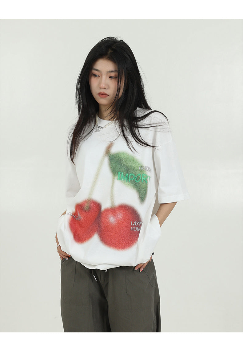 Women's Simple Cherry Print Short-sleeved T-shirt