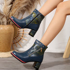 Autumn Winter Retro Stitching Chunky Heel High Heel Short Martin Boots