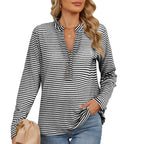 V-neck Buttons Striped Loose Long-sleeved Women Blouse