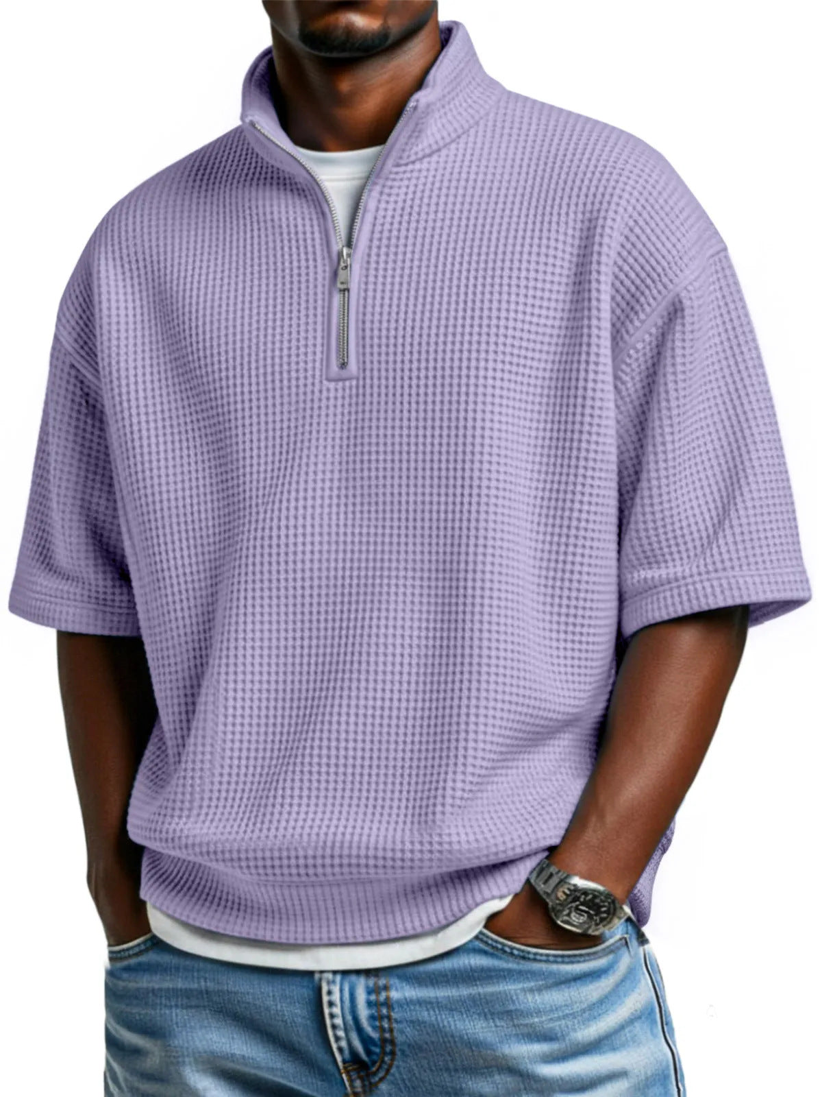 Waffle-knit Short-sleeve Polo Shirt For Men Loose-fitting Half-zip T-shirt