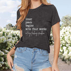 Womens Casual Short Sleeve Letter Print T-Shirt, Loose Fit, Stylish & Comfortable Summer Top, Ideal For Everyday Wear Gray