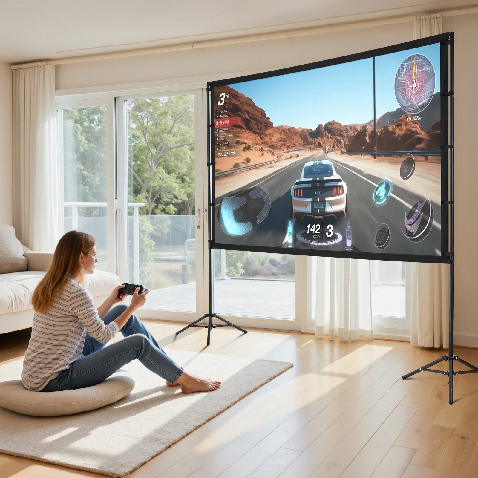 Tripod Projector Screen With 2 Stands 100 Inch 160° Wide Angle 4K HD 16:9