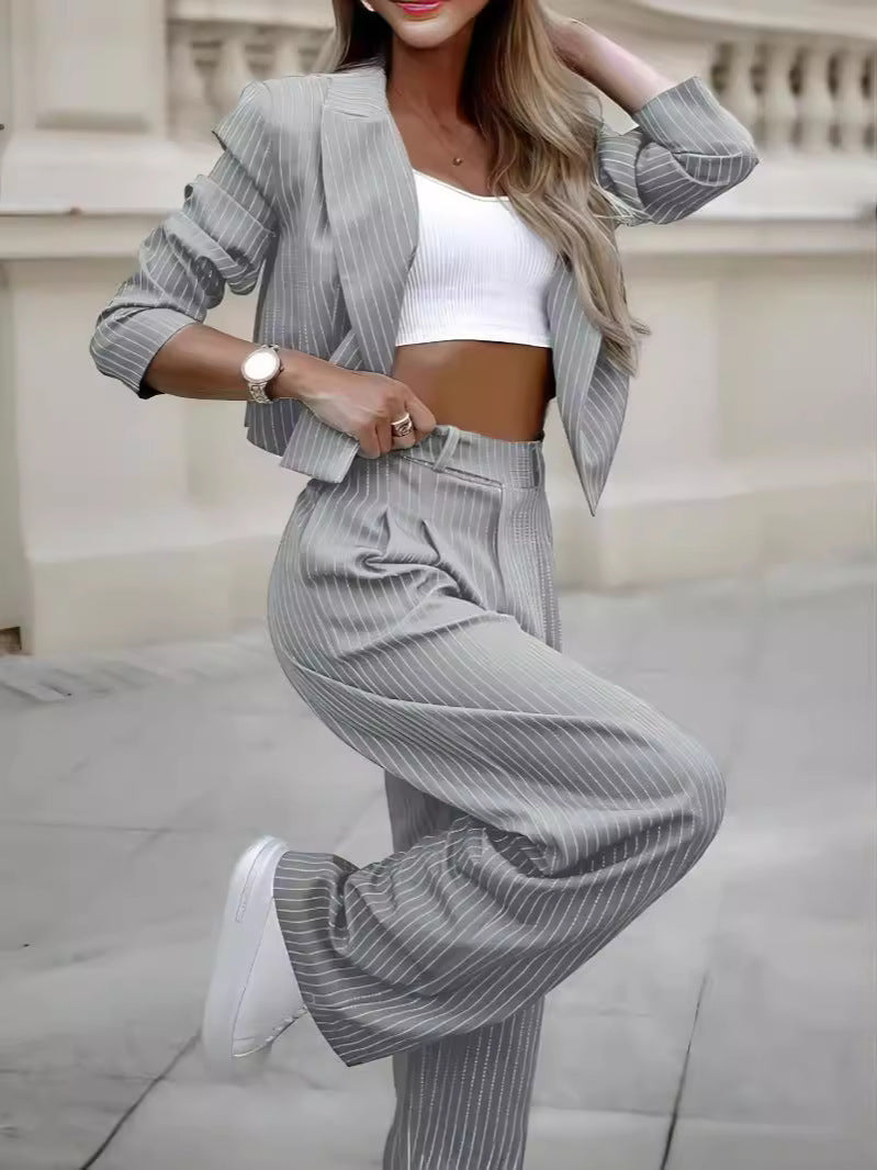 Fashion Striped Suits Casual Lapel Long Sleeve Cropped Top And Straight Pants Outfits