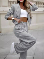 Fashion Striped Suits Casual Lapel Long Sleeve Cropped Top And Straight Pants Outfits
