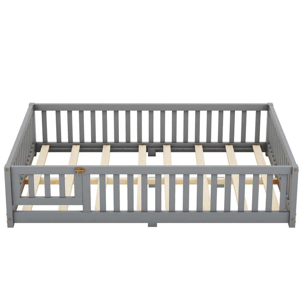 Full Size Bed Floor Bed With Safety Guardrails And Door For Kids, Gray