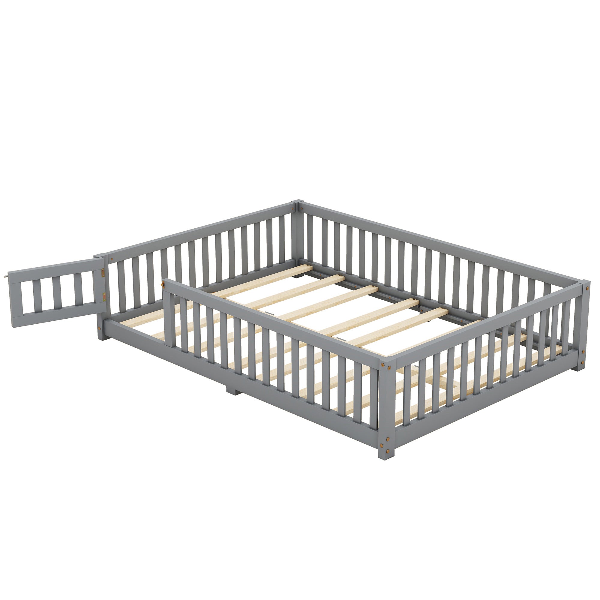 Full Size Bed Floor Bed With Safety Guardrails And Door For Kids, Gray