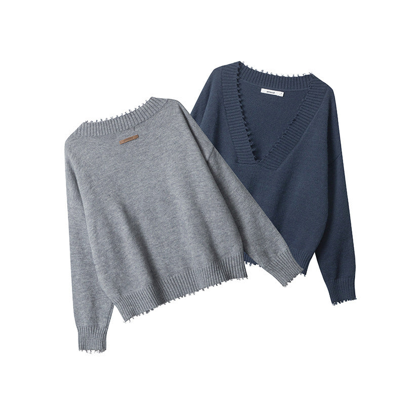European American Raw Edges Design V-neck Long-sleeved Sweater