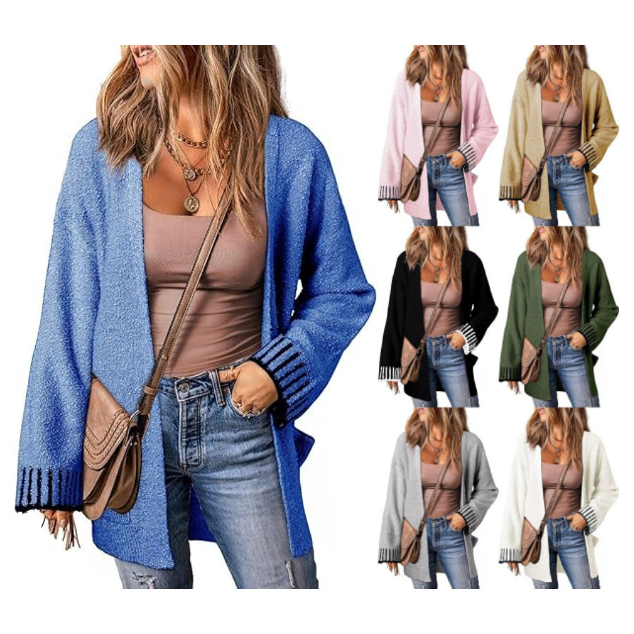 Long Sleeve Color Stitching Knitted Cardigan Pocket Women's Clothing