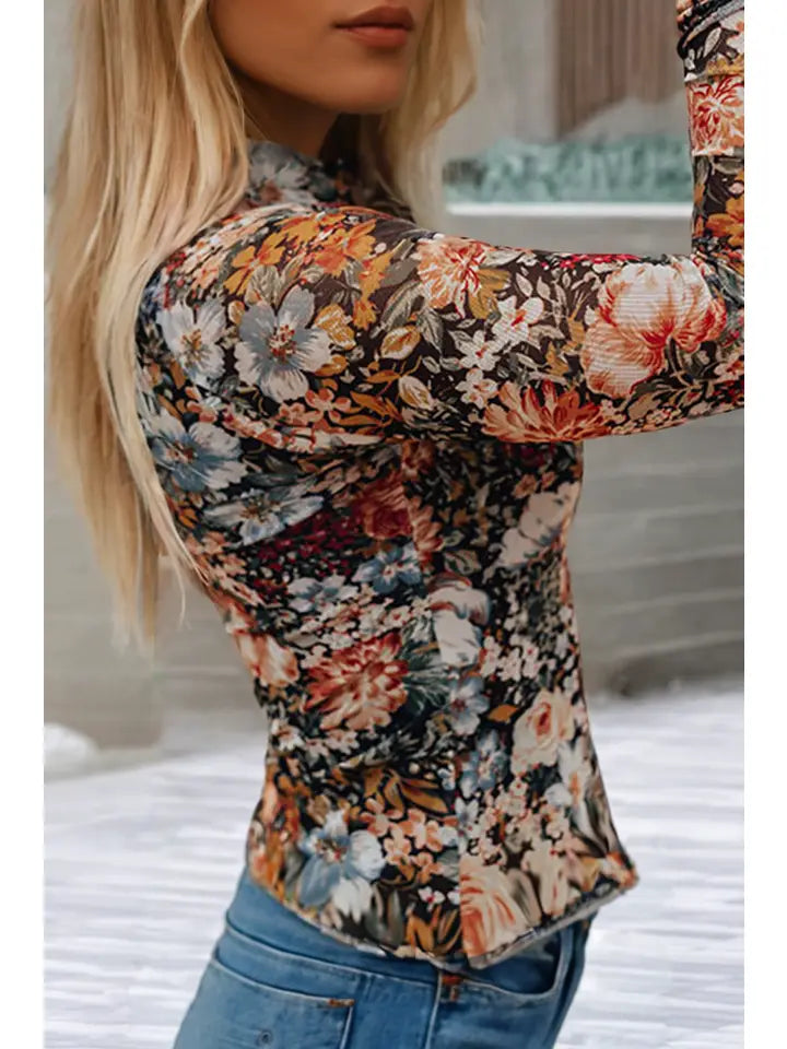 Ldc Floral Long Sleeve High Neck Sheath Mesh Blouse