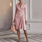 V Neck Folds  Solid Color Slim-fit Long Sleeve V-pleated Design Dress  Women's Office Commuter A-line Midi Party Dresses Female Clothing