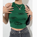 Fruit Green Eye Print Sleeveless Round Neck Vest