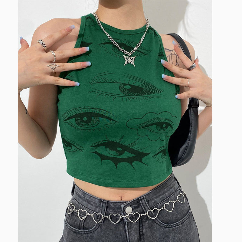 Fruit Green Eye Print Sleeveless Round Neck Vest