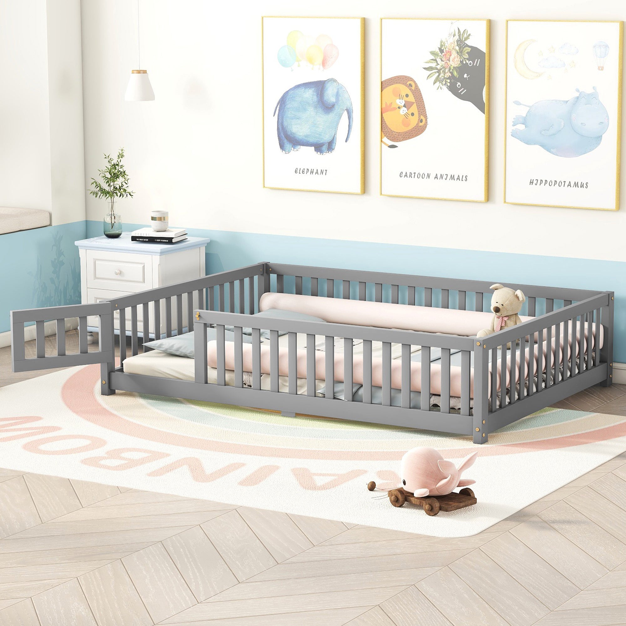 Full Size Bed Floor Bed With Safety Guardrails And Door For Kids, Gray