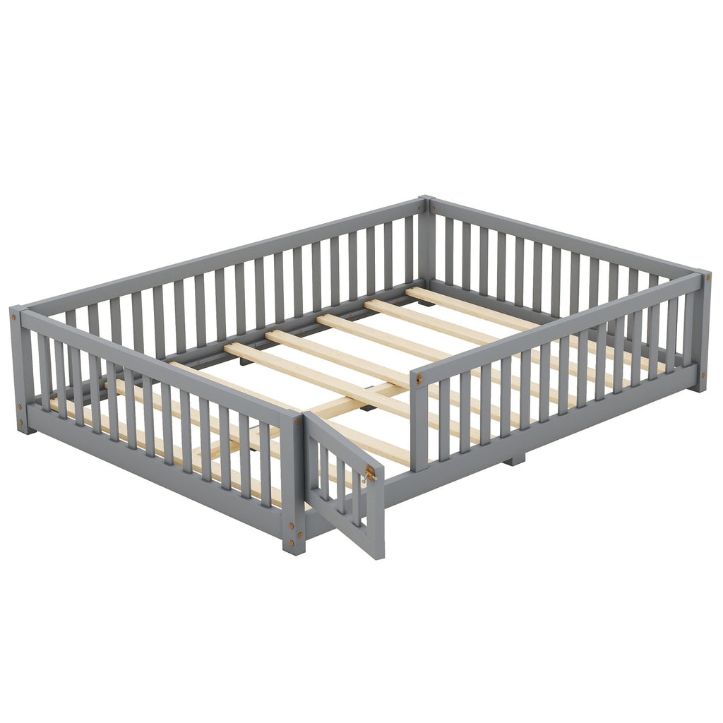 Full Size Bed Floor Bed With Safety Guardrails And Door For Kids, Gray