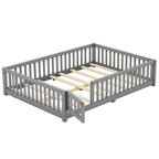 Full Size Bed Floor Bed With Safety Guardrails And Door For Kids, Gray