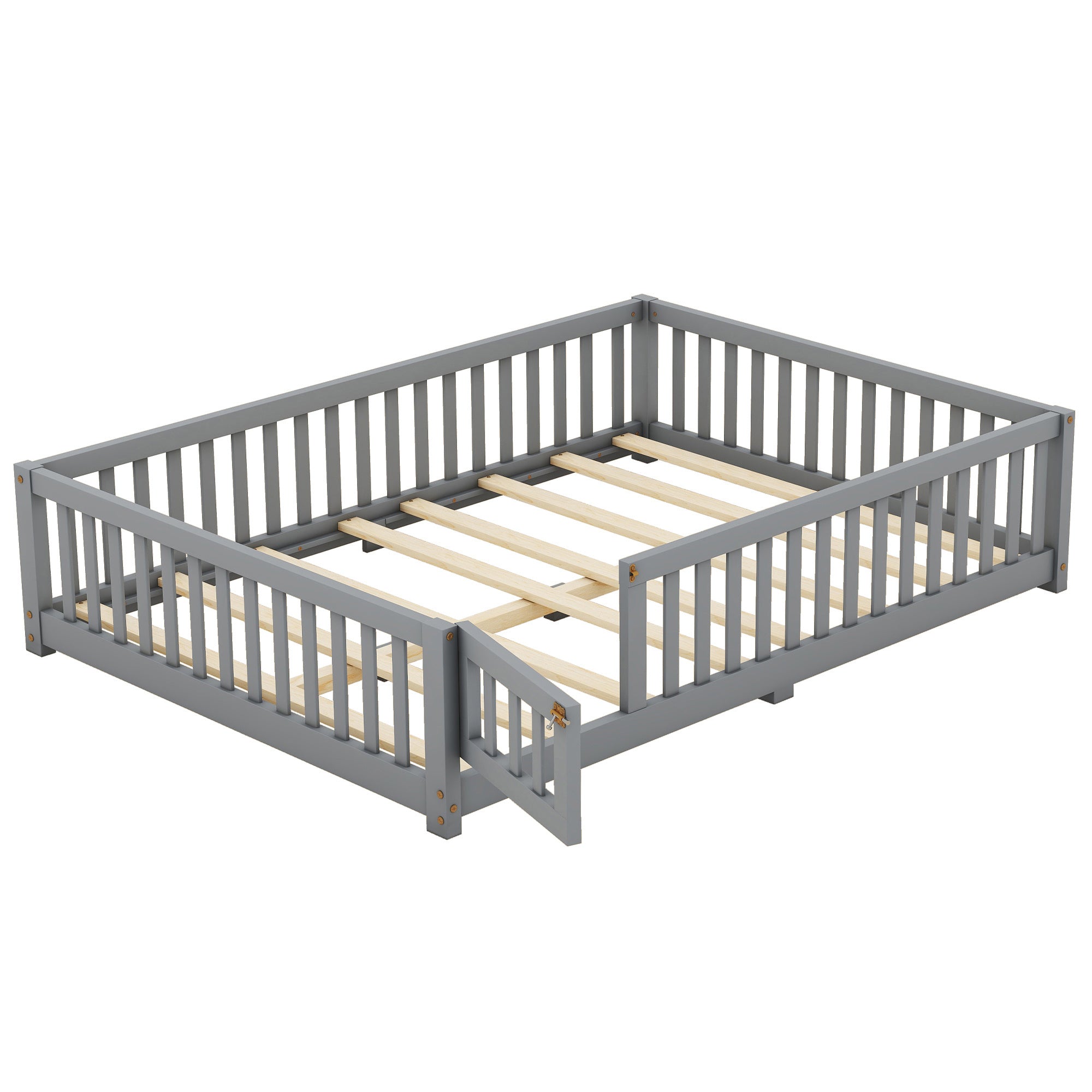Full Size Bed Floor Bed With Safety Guardrails And Door For Kids, Gray