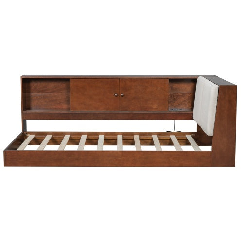 Wooden Twin Size L-shaped Daybed Floor Corner Bed With Storage Bookcase And Upholstered Headboard And USB Charging Ports For Limited Space
