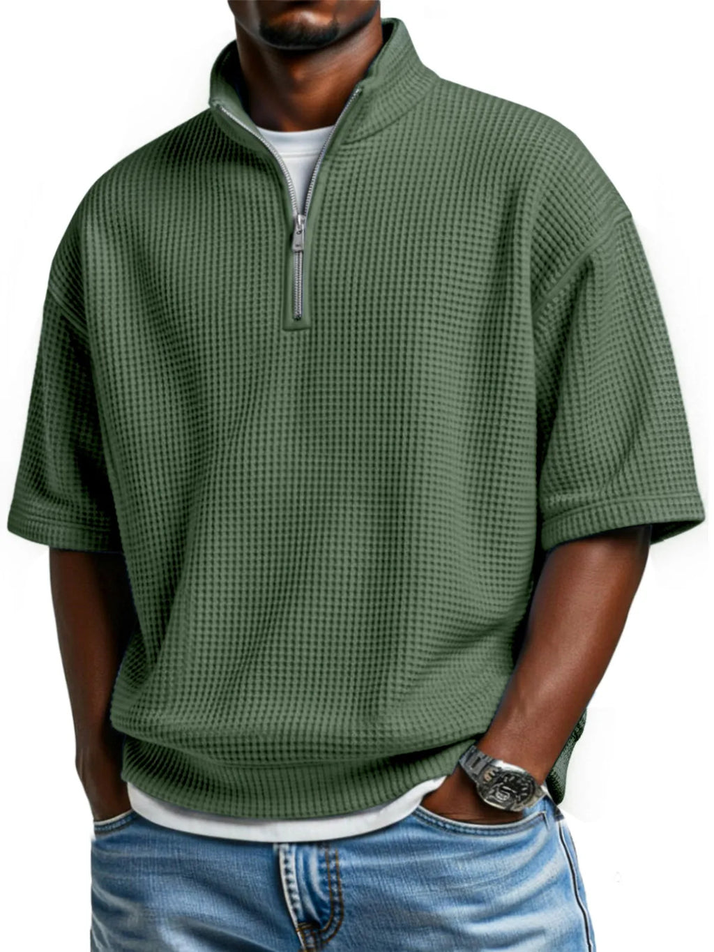 Waffle-knit Short-sleeve Polo Shirt For Men Loose-fitting Half-zip T-shirt