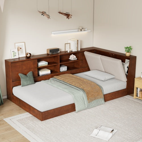Wooden Twin Size L-shaped Daybed Floor Corner Bed With Storage Bookcase And Upholstered Headboard And USB Charging Ports For Limited Space