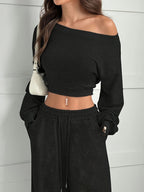 Women's Fashion Slim-fit Off-the-shoulder Navel Solid Color Casual Pants Suit