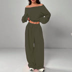 Women's Fashion Slim-fit Off-the-shoulder Navel Solid Color Casual Pants Suit