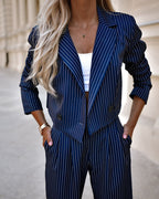 Fashion Striped Suits Casual Lapel Long Sleeve Cropped Top And Straight Pants Outfits