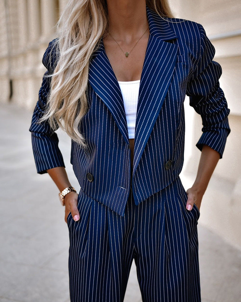 Fashion Striped Suits Casual Lapel Long Sleeve Cropped Top And Straight Pants Outfits