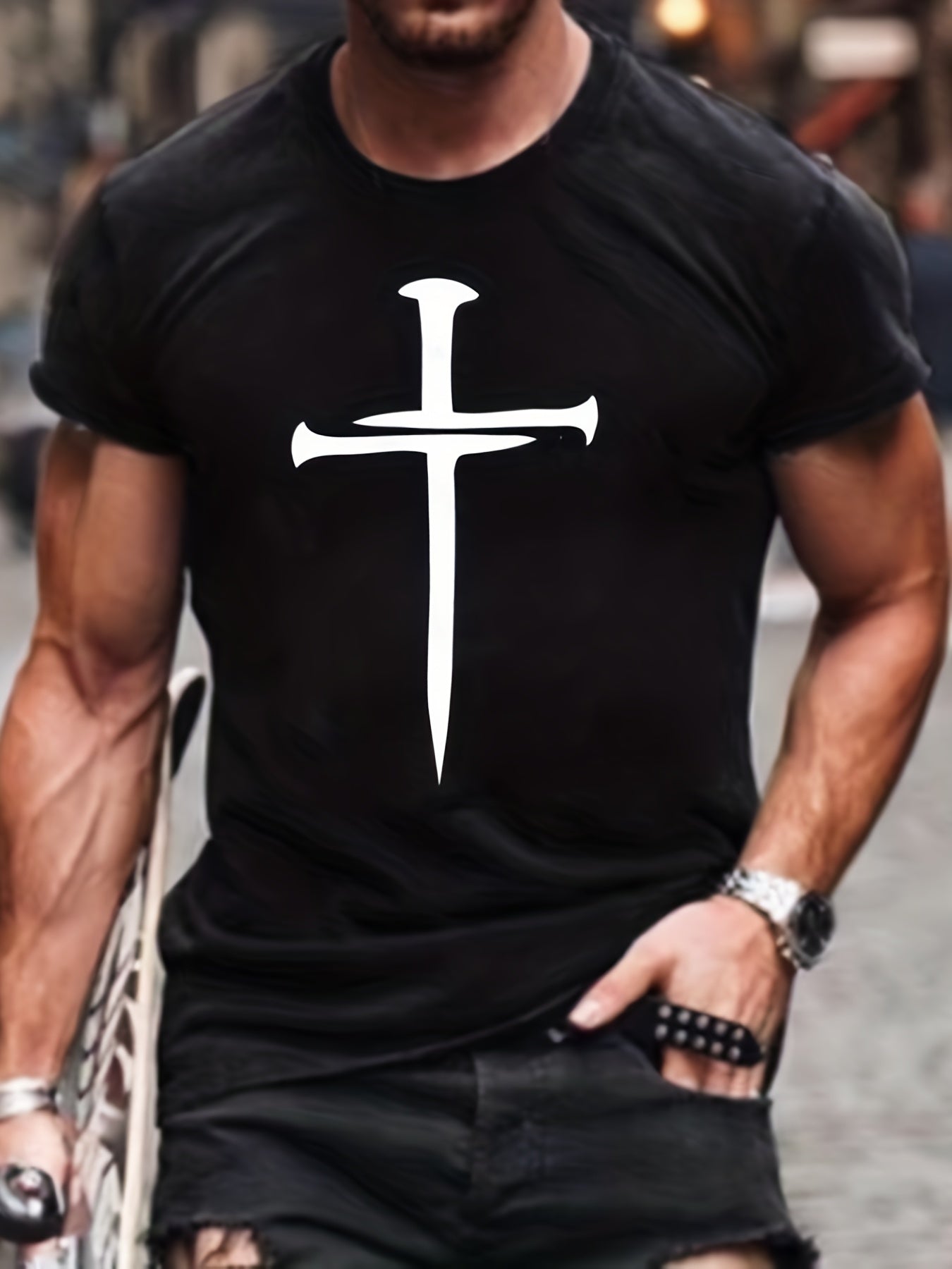 Cross Print Men's Casual Short Sleeved T-shirt Summer Round Neck Home Wear Pajamas Men's Top
