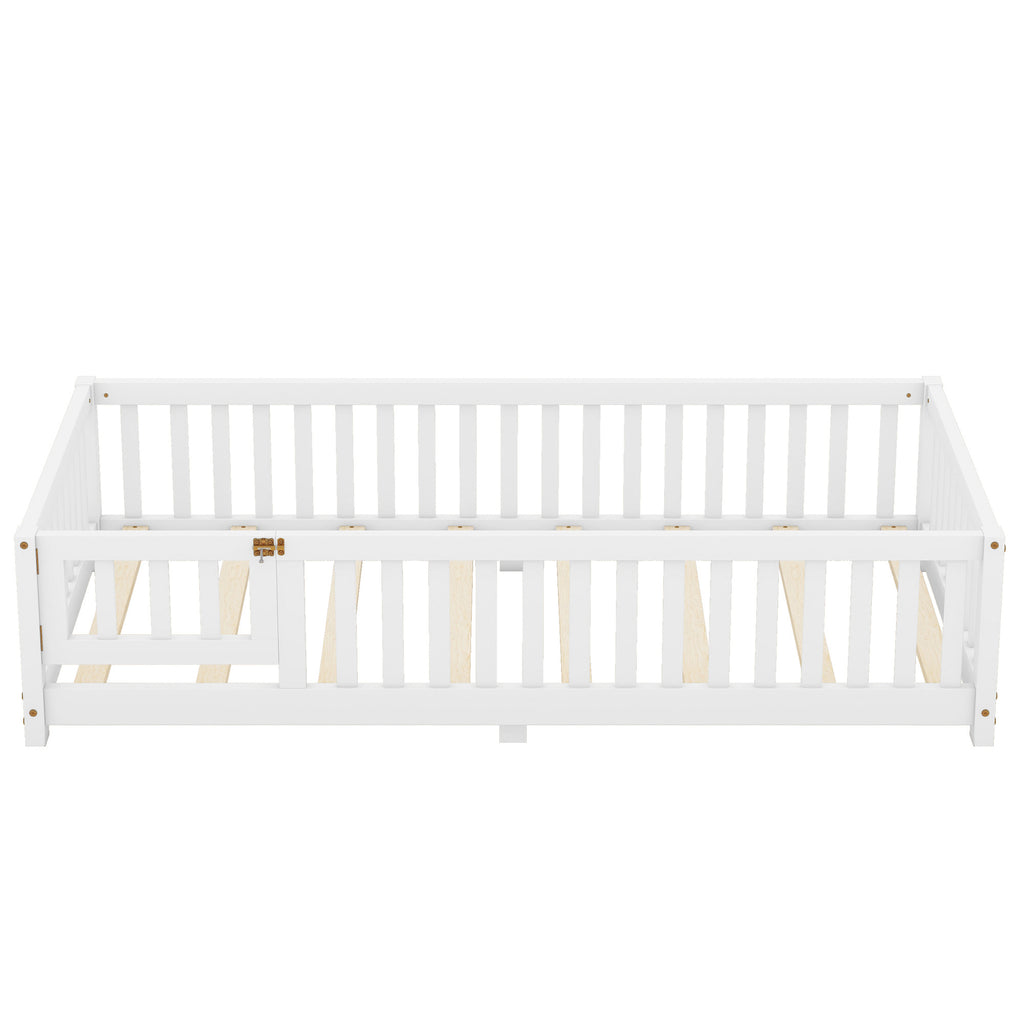 Twin Size Bed Floor Bed With Safety Guardrails And Door For Kids, White