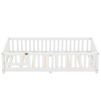 Twin Size Bed Floor Bed With Safety Guardrails And Door For Kids, White