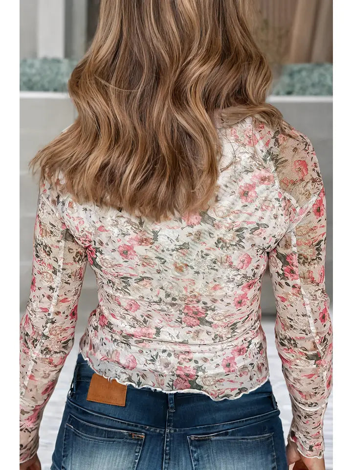 Ldc Floral Long Sleeve High Neck Sheath Mesh Blouse