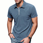 Mens Loose Corduroy Half-Zip Polo Short-Sleeve T-Shirt