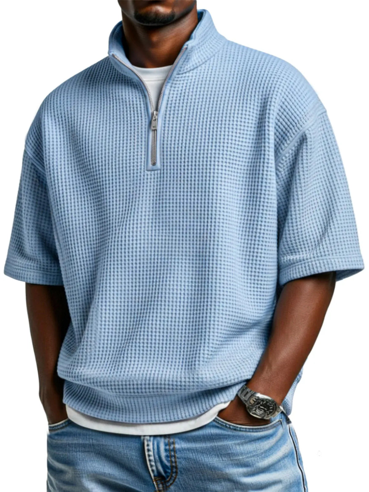 Waffle-knit Short-sleeve Polo Shirt For Men Loose-fitting Half-zip T-shirt