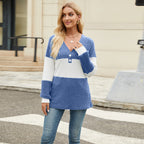Women's Long Sleeve V-collar Contrast Color Loose Top