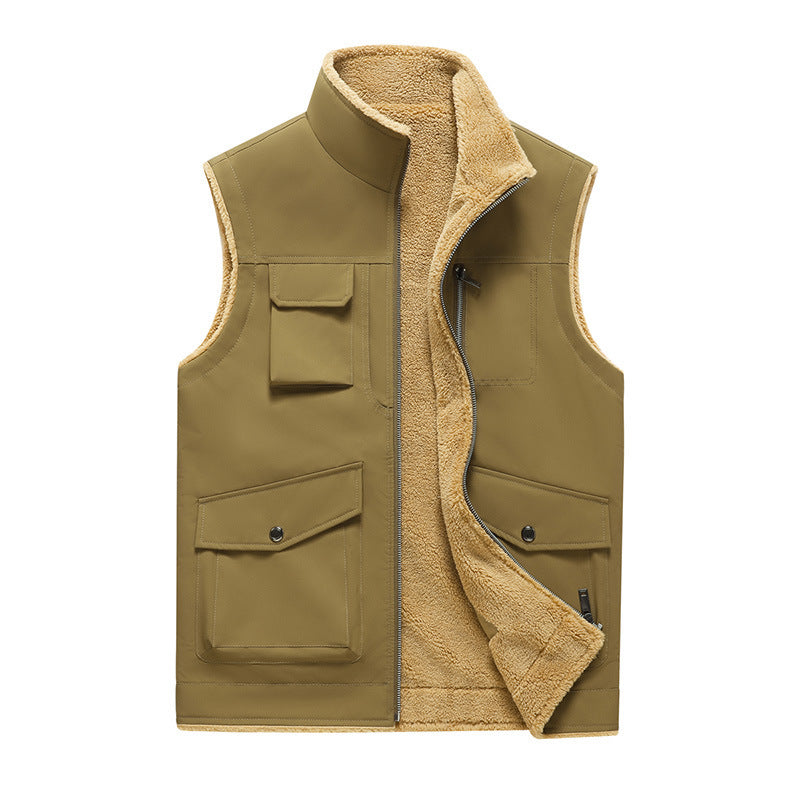 Multi-Pocket Workwear Vest Stand Collar Thin Velvet Vest